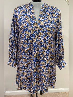 Sezane Bohemia Mini Dress Blue Floral 46 14 Silk Blend NWT